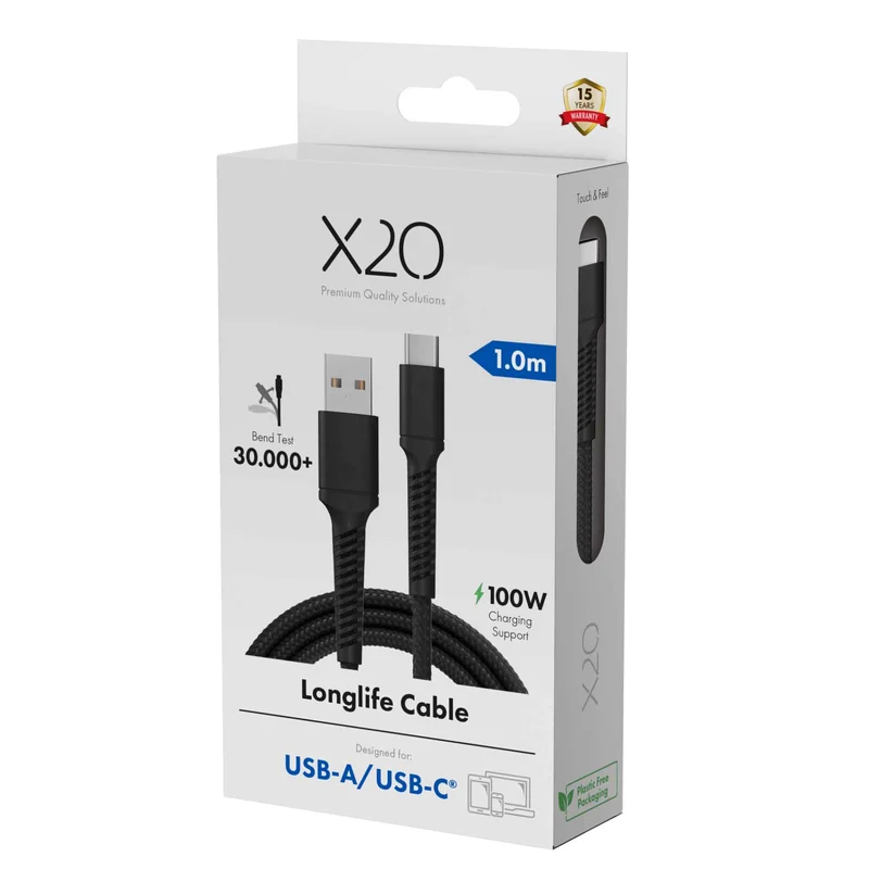 X2O Longlife 60 W USB-A/C-kaapeli 1 m musta - 3401045