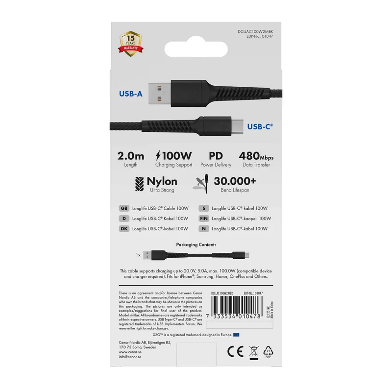 X2O Longlife 60 W USB-A/C-kaapeli 2 m musta - 3401047