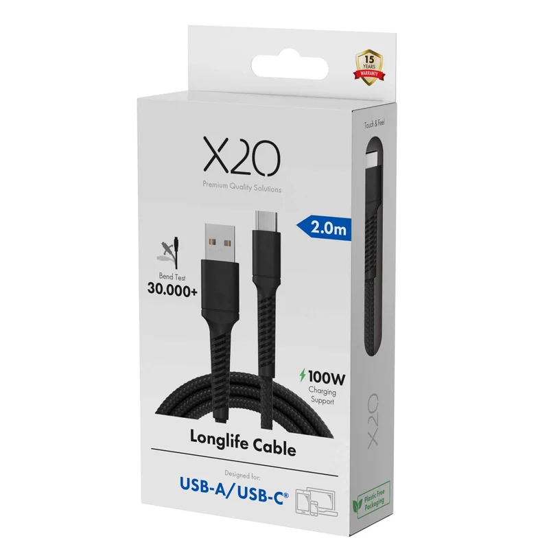 X2O Longlife 60 W USB-A/C-kaapeli 2 m musta - 3401047