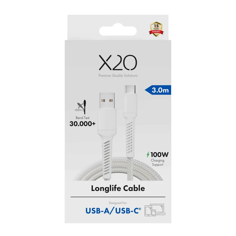 X2O Longlife 60 W USB-A/C-kaapeli 3 m valkoinen - 3401048