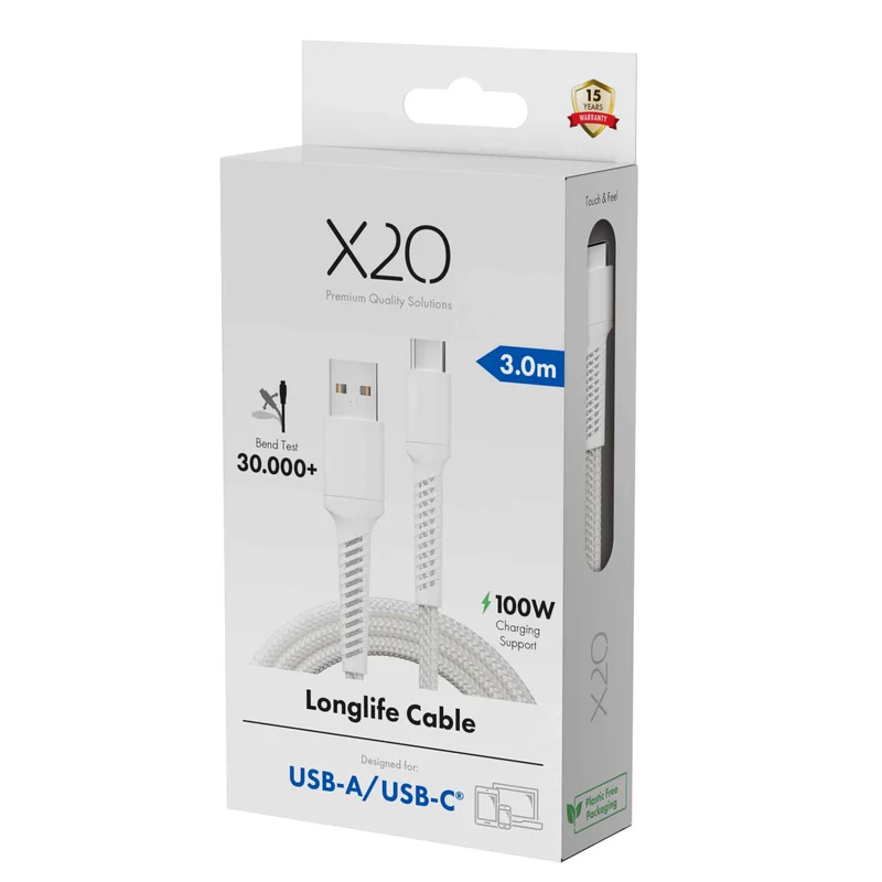 X2O Longlife 60 W USB-A/C-kaapeli 3 m valkoinen - 3401048