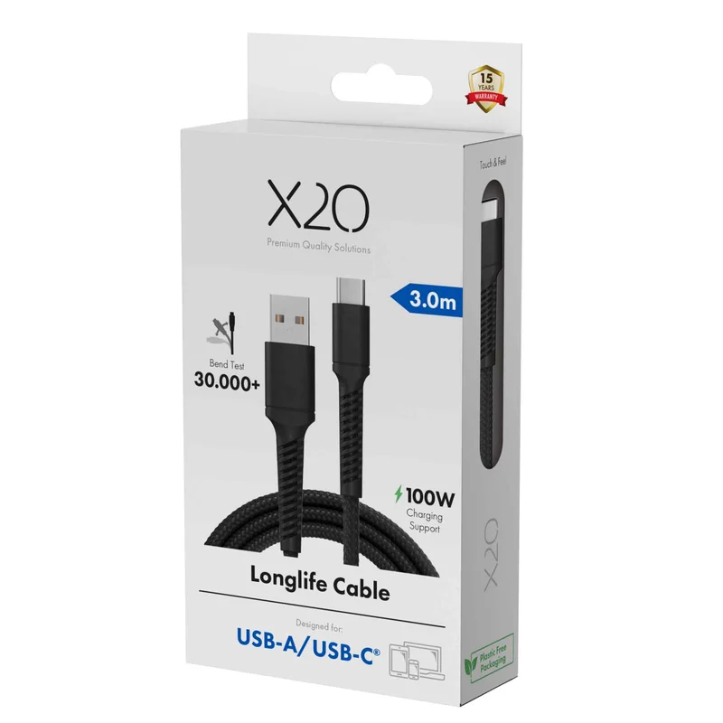 X2O Longlife 60 W USB-A/C-kaapeli 3 m musta - 3401049