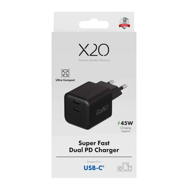X2O 45 W kaksinkertainen kotilaturi USB-C/C GaN musta - 3401054