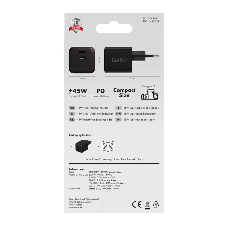 X2O 45 W kaksinkertainen kotilaturi USB-C/C GaN musta - 3401054