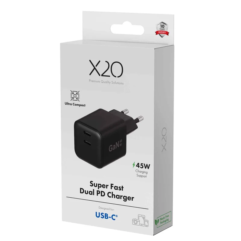 X2O 45 W kaksinkertainen kotilaturi USB-C/C GaN musta - 3401054