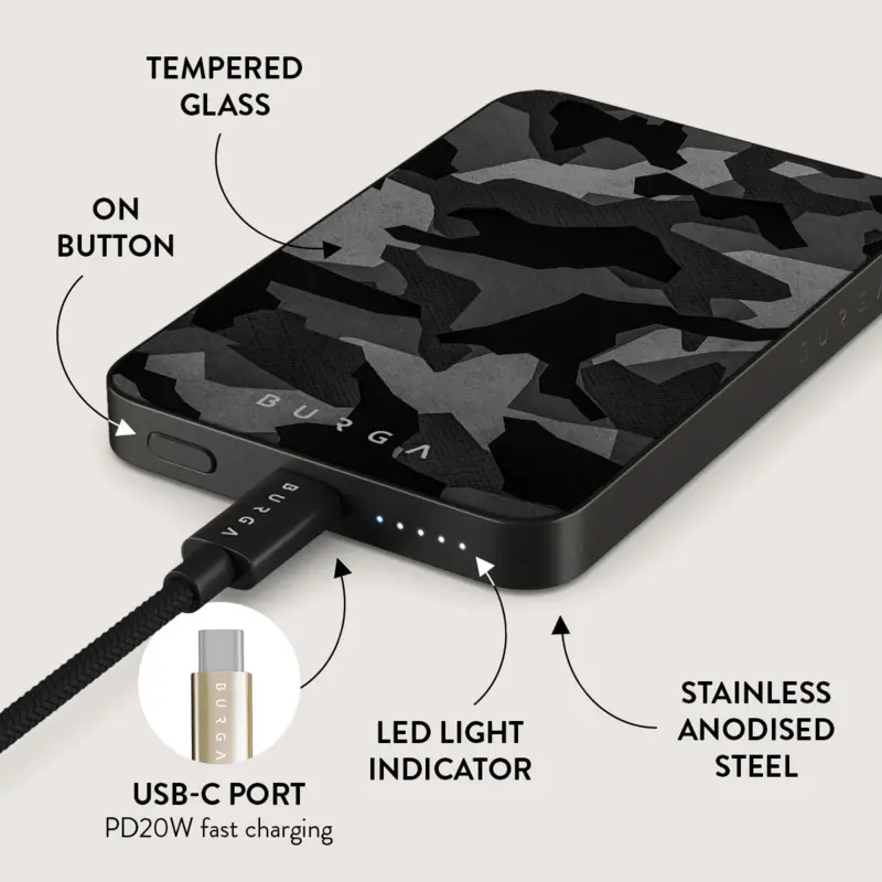 Burga Night Black Camo - MagSafe Power Bank 5000 mAh Harmaa metalli - 4108474