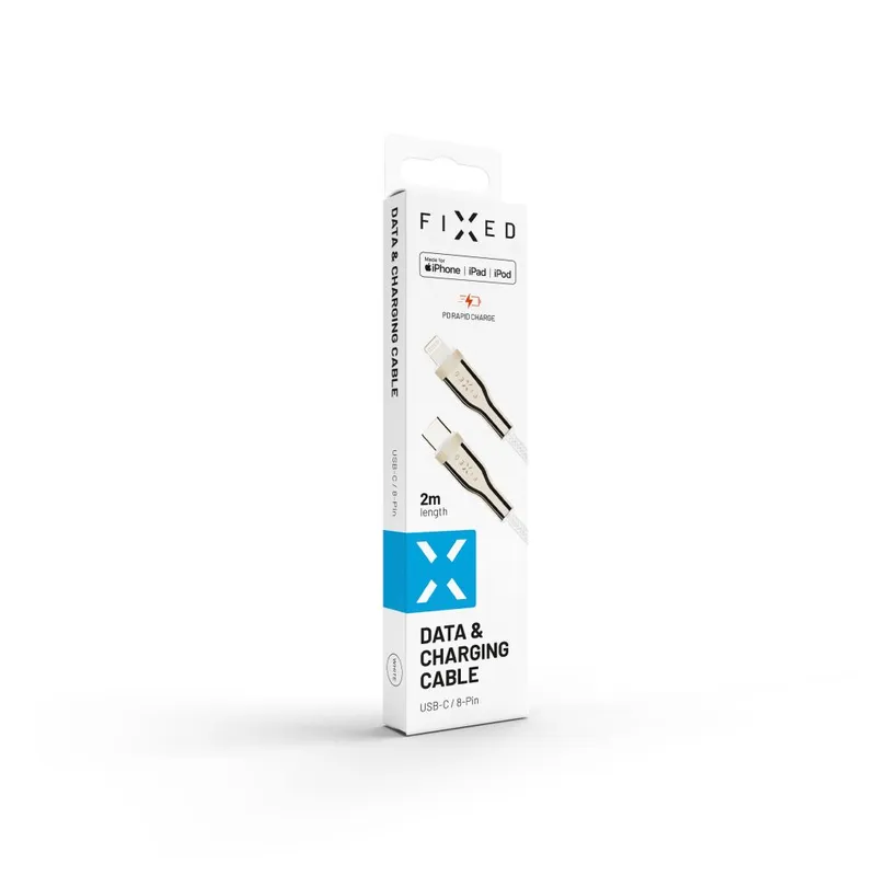 FIXED METAL USB-C/Lightning MFI punottu kaapeli 2m Valk. - 8014747