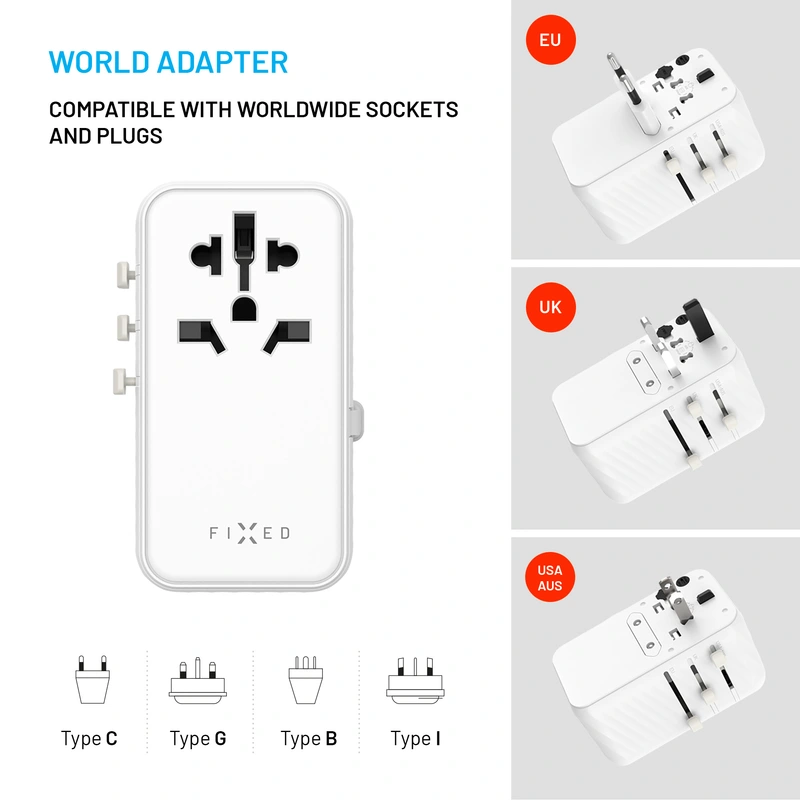 FIXED Matkaadapteri/laturi USB-C/-A 120W EU/UK/USA/AUS - 8016120