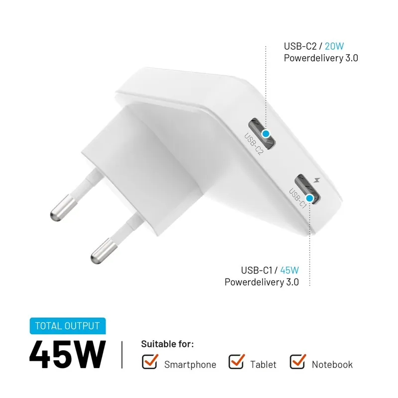 FIXED Slim GaN 90 Supernopea 2x USB-C laturi 45W Valk. - 8016584