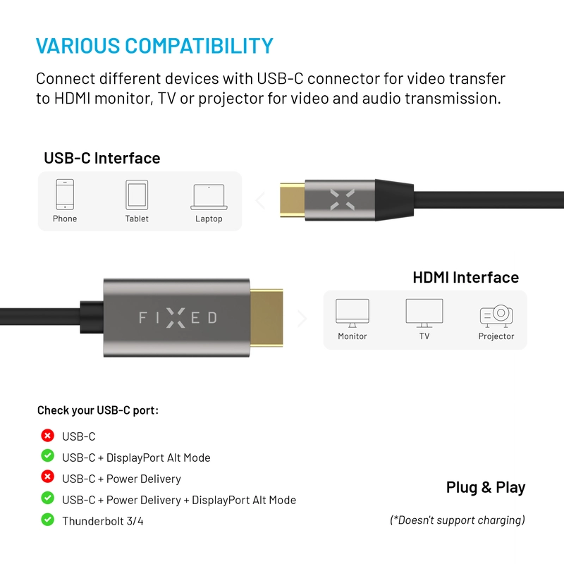 FIXED USB-C / HDMI 4K/60Hz USB 3.1 Gen2 kaapeli 2m Musta - 8017462
