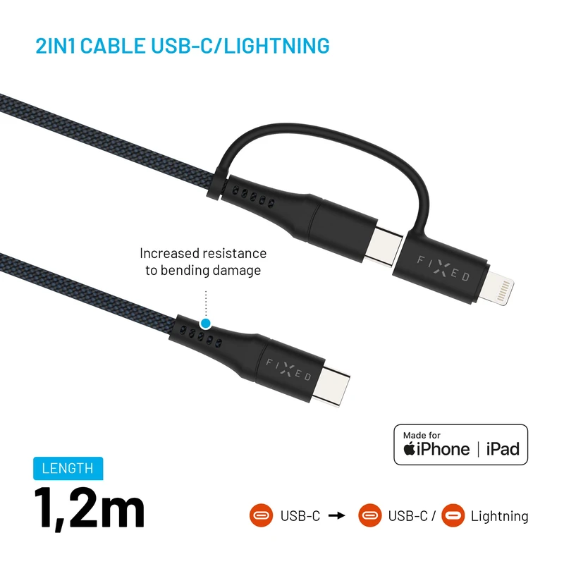 FIXED 2in1 Combo 60W USB-C/Lightning kaapeli 1.2m Musta - 8017693