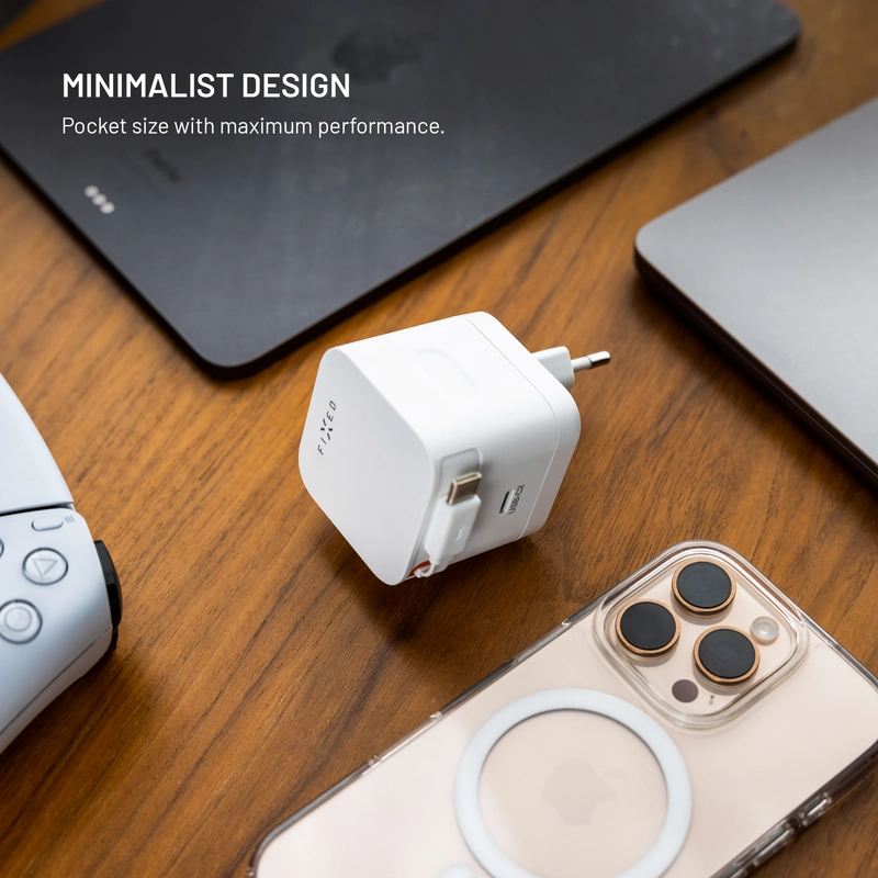 FIXED Supernopea kaksois-USB-C-laturi sisäänvedettävällä kaapelilla 65W Valkoinen - 8018601