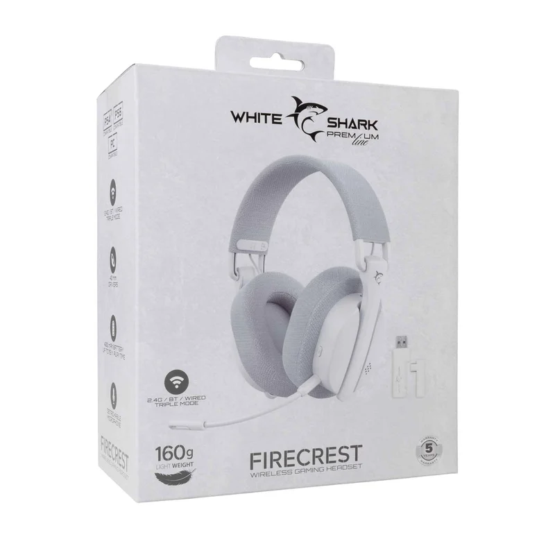 White Shark Premium FIRECREST Langaton Over-Ear Pelikuulokkeet Valkoinen/Harmaa - 9450675