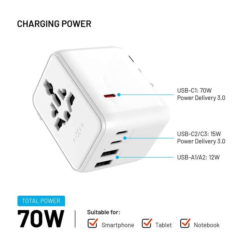 FIXED Matkalaturi USB-C/-A 70W EU/UK/USA/AUS Valkoinen - 8018910