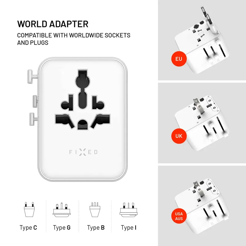 FIXED Matkalaturi USB-C/-A 70W EU/UK/USA/AUS Valkoinen - 8018910