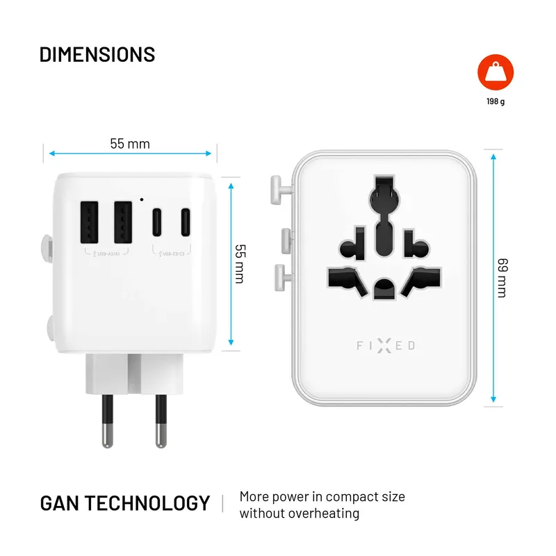 FIXED Matkalaturi USB-C/-A 70W EU/UK/USA/AUS Valkoinen - 8018910