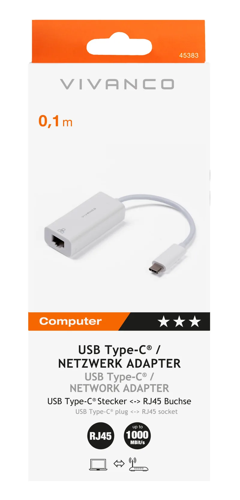 Vivanco USB-C <-> RJ45 1000Mbps network adapter 0,1m White - 2845383