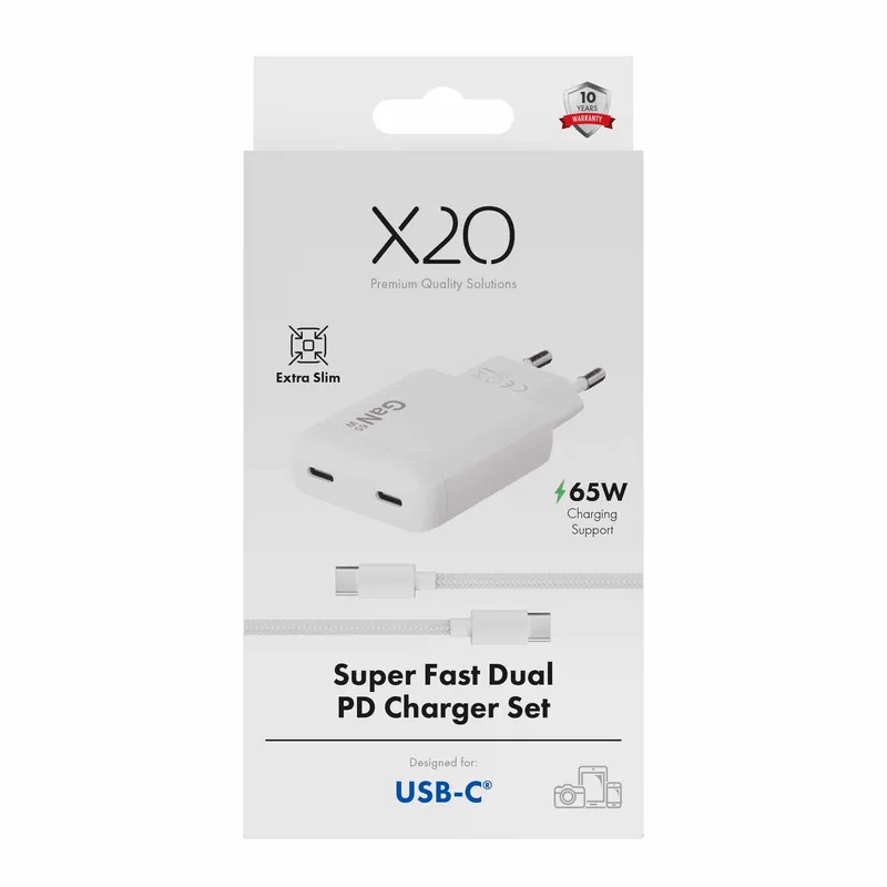 X2O 65W Dual SLIM -kaksoiskotilaturisarja USB-C/C GaN 1.5m valkoinen - 3401057