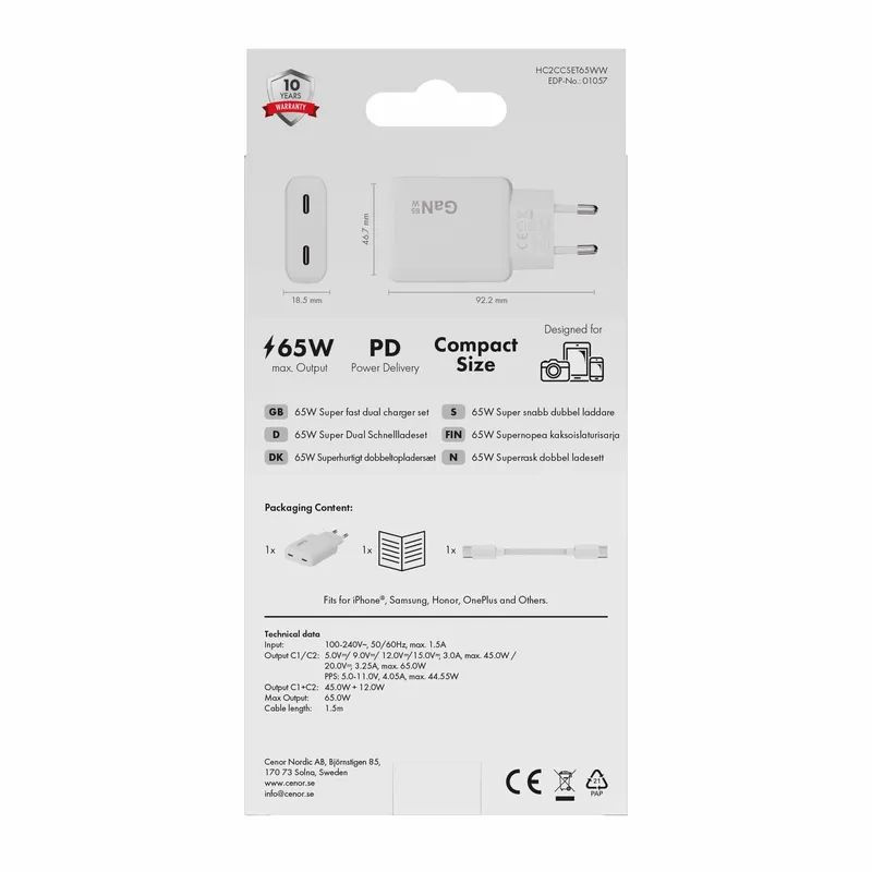 X2O 65W Dual SLIM -kaksoiskotilaturisarja USB-C/C GaN 1.5m valkoinen - 3401057