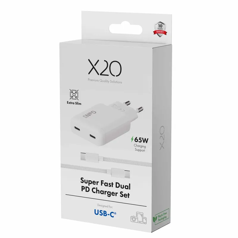 X2O 65W Dual SLIM -kaksoiskotilaturisarja USB-C/C GaN 1.5m valkoinen - 3401057