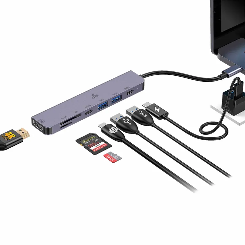 SBOX 7i1 USB-C Multiport Hub HDMI/USB-C/USB-A/microSD/SD Harmaa - 9450730