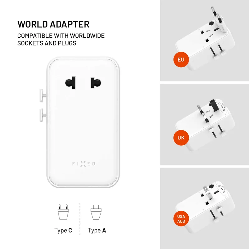 FIXED Matkalaturi USB-C/-A 45W EU/UK/USA/AUS Valkoinen - 8019468