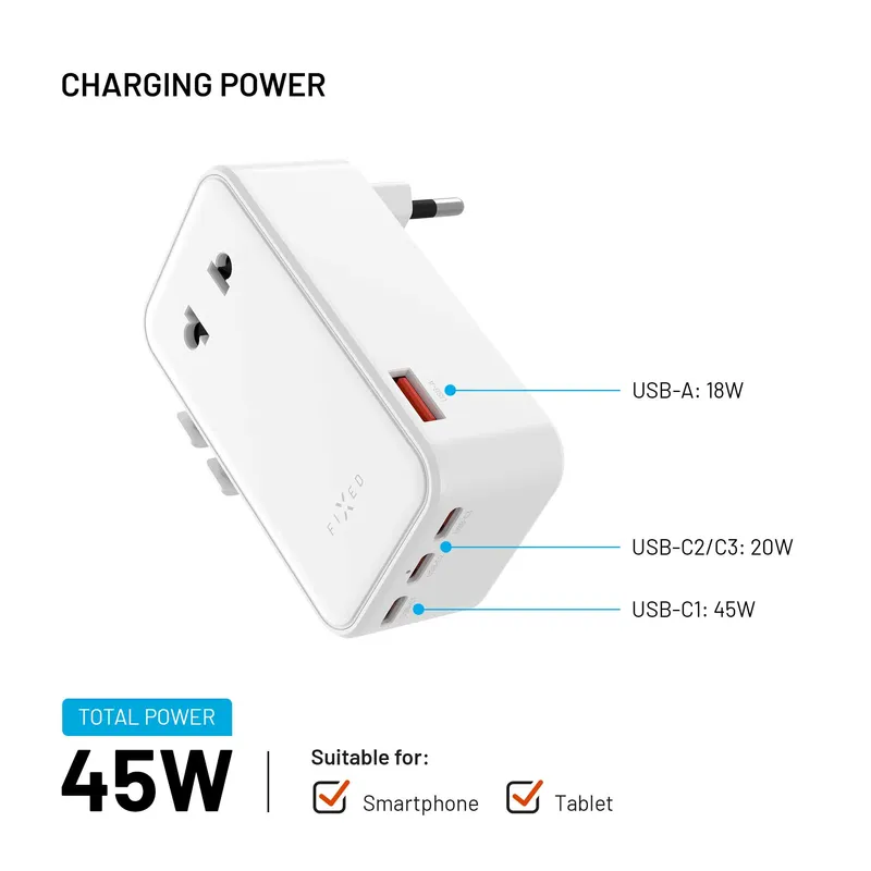 FIXED Matkalaturi USB-C/-A 45W EU/UK/USA/AUS Valkoinen - 8019468