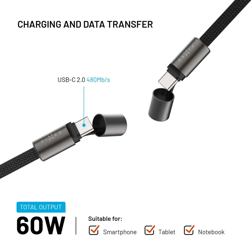 FIXED Kaulanauhakaapeli USB-C/USB-C 1,6m PD 60W Musta - 8019231
