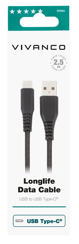 Vivanco Longlife USB-C/USB-A 2.0 kaapeli 2.5m Musta - 2861693
