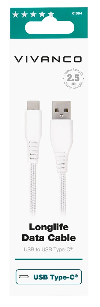 Vivanco Longlife USB-C/USB-A 2.0 kaapeli 2.5m Valkoinen - 2861694