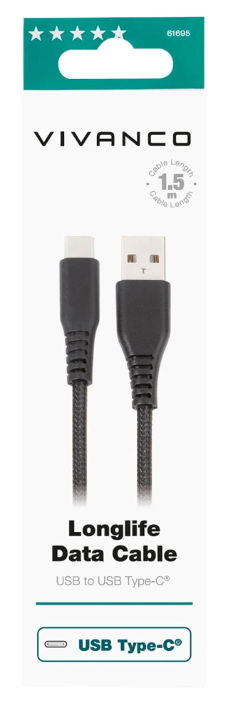 Vivanco Longlife USB-C/-A 2.0 kaapeli 1.5m Musta - 2861695