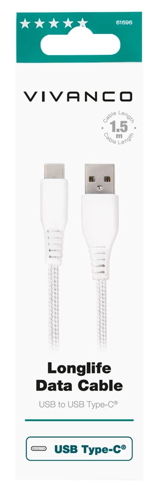 Vivanco Longlife USB-C/USB-A 2.0 kaapeli 1.5m Valk. - 2861696