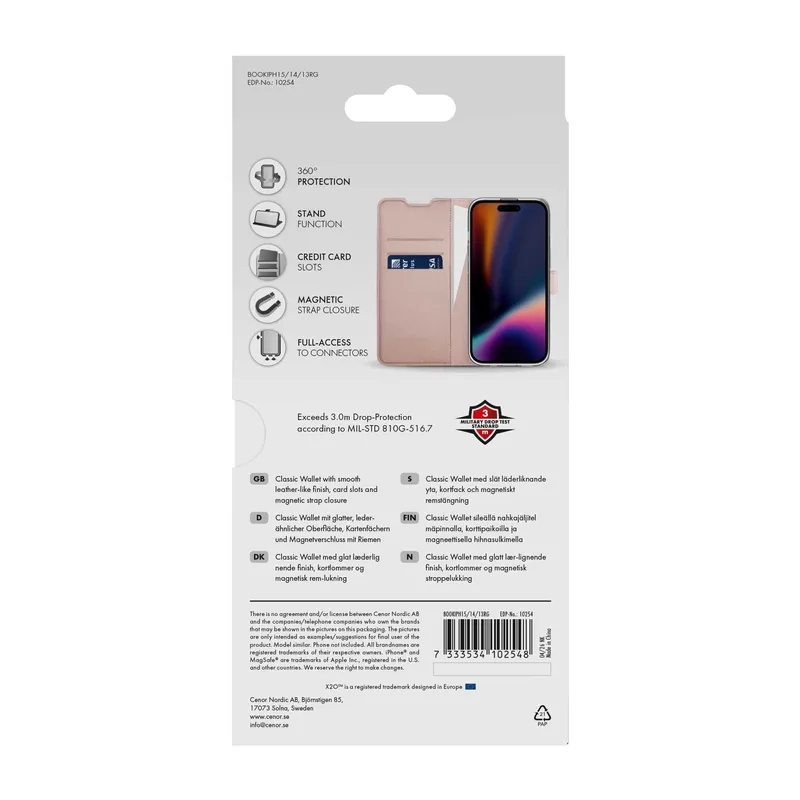 X2O Classic Wallet Lompakkokotelo Apple iPhone 15/14/13 Rose Gold - 3410254