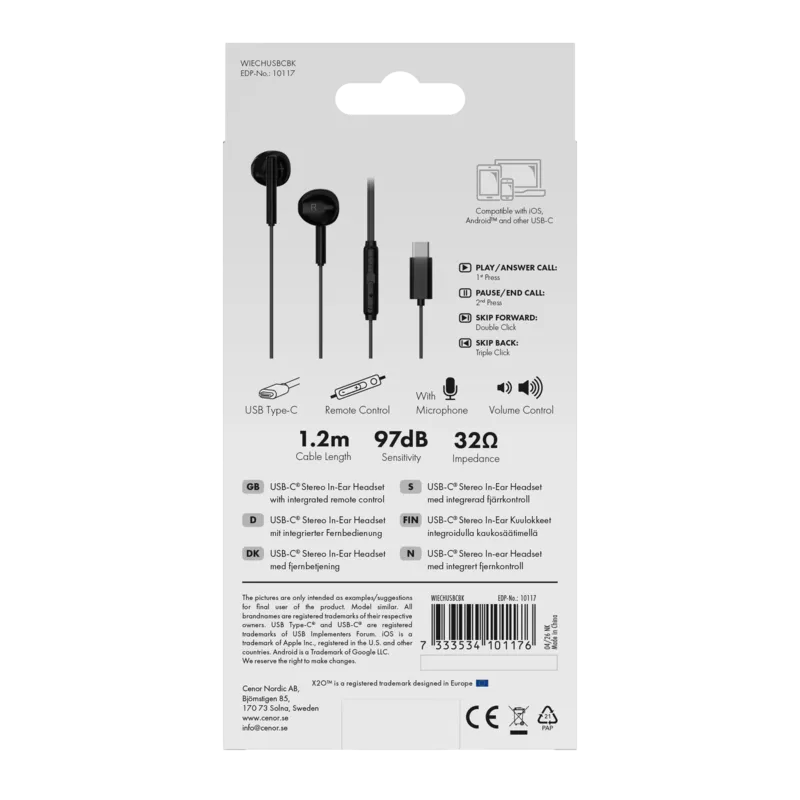 X2O USB-C Capsule In-Ear Kuulokkeet 1.2m Musta - 3410117