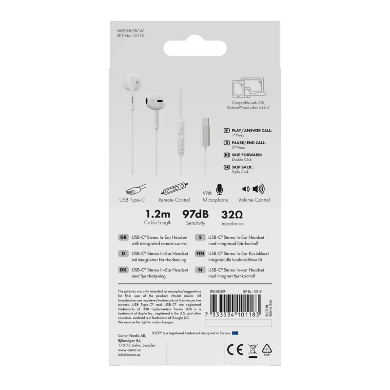 X2O USB-C Capsule In-Ear Kuulokkeet 1.2m Valkoinen - 3410118