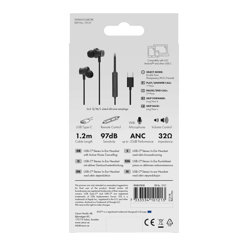 X2O USB-C ANC Silicone In-Ear Headset 1.2m Musta - 3410121