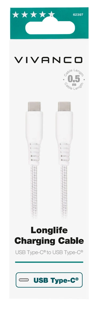 Vivanco Longlife USB-C/USB-C 2.0 kaapeli 0.5m Valkoinen - 2862397