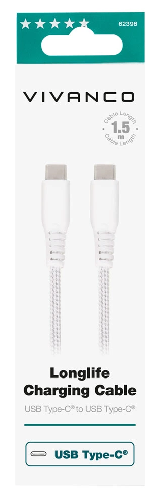 Vivanco Longlife USB-C/C 2.0 kaapeli 1.5m Valk. - 2862398