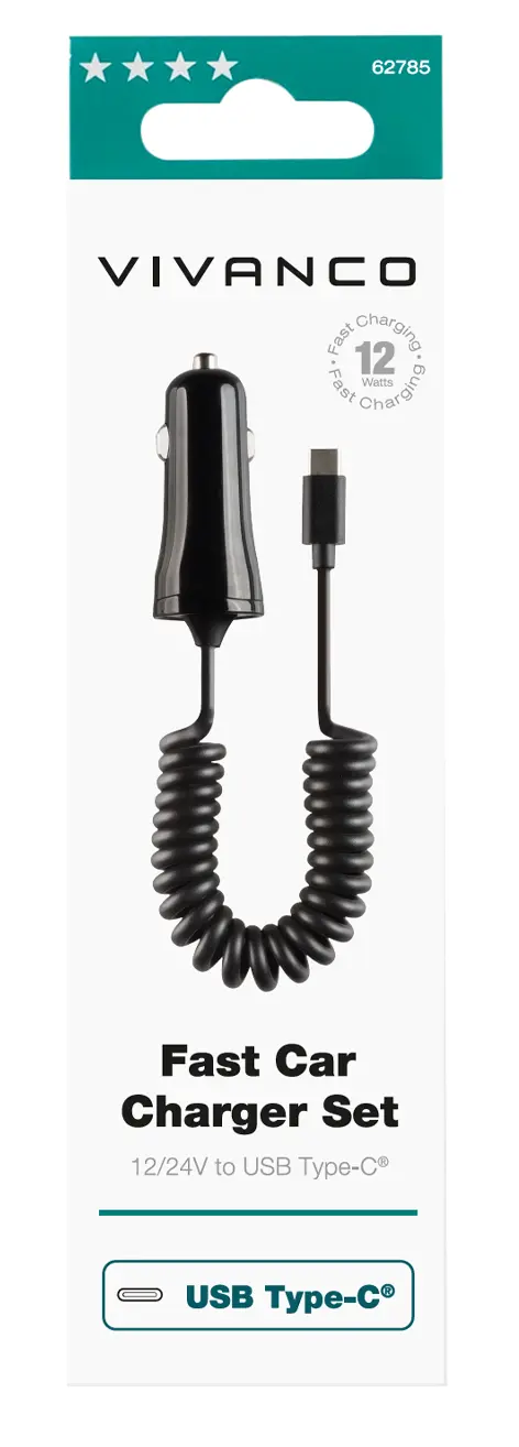 Vivanco Auton laturi USB-C 2,4 A, 1m kierrekaapelilla, musta - 2862785