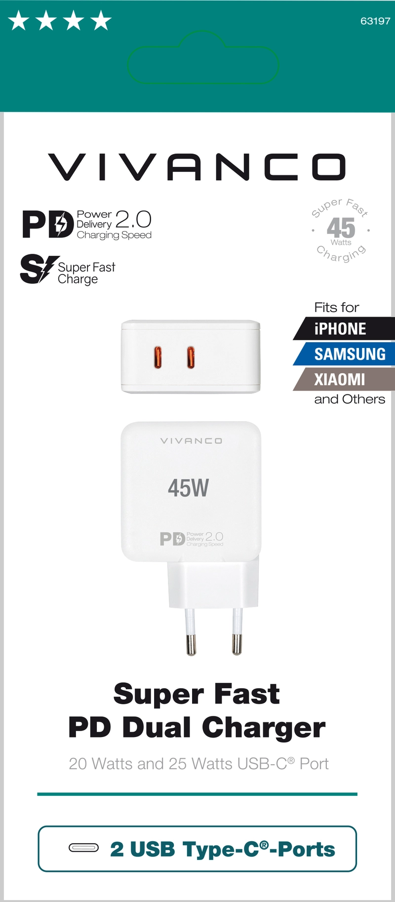 Vivanco Super Nopea 2x USB-C PD 45W kotilaturi Valkoinen - 2863197
