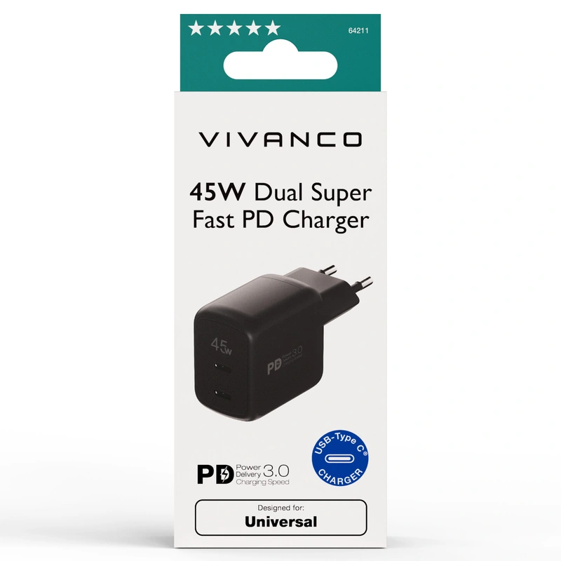 Vivanco Super Nopea 2x USB-C PD 45W kotilaturi Musta - 2864211