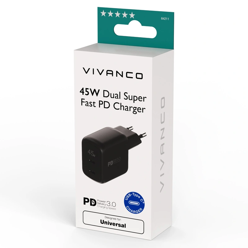 Vivanco Super Nopea 2x USB-C PD 45W kotilaturi Musta - 2864211