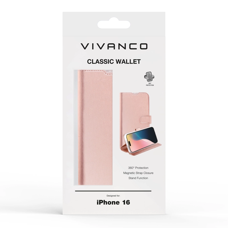 Vivanco Classic Lompakkokotelo iPhone 16 Ruusukulta - 2864253