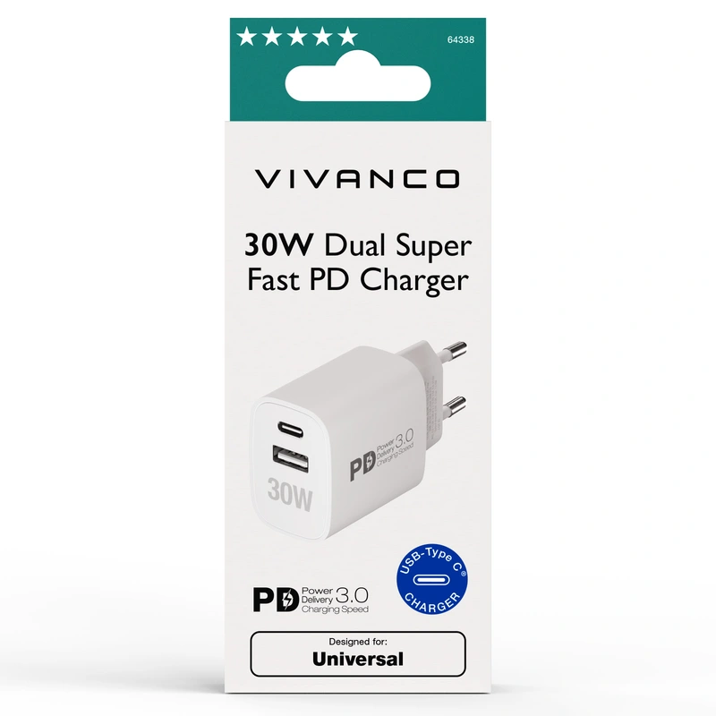 Vivanco Nopea GaN 30W 1xUSB-C PD / USB-A kotilaturi Valk. - 2864338